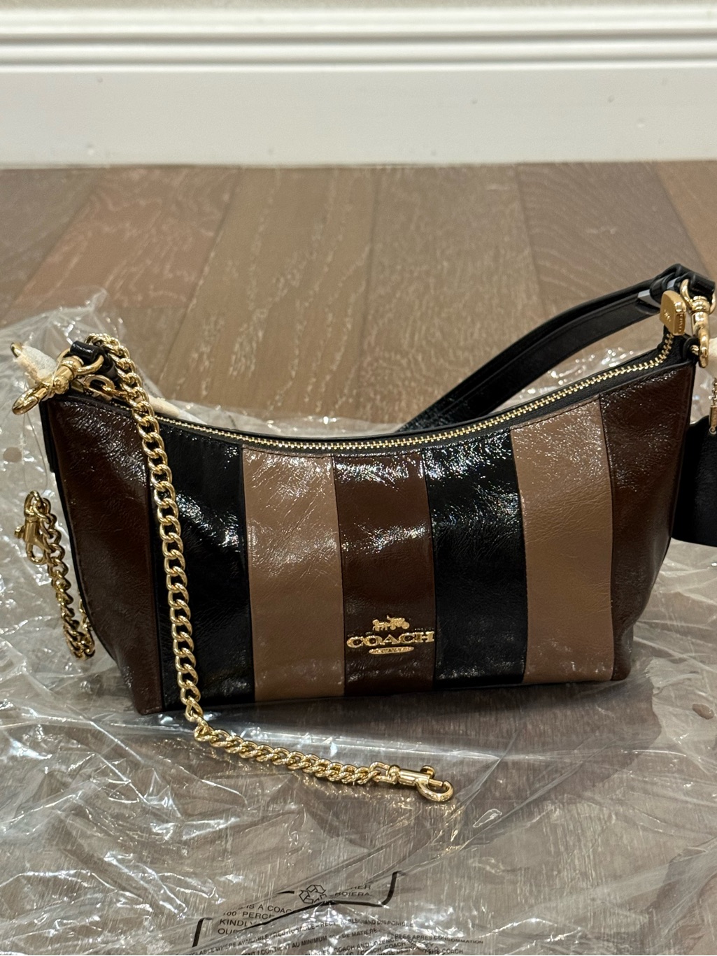 Coach Striped Patent Leather Crossbody Adjustable Strap And Chain Patch Bag
